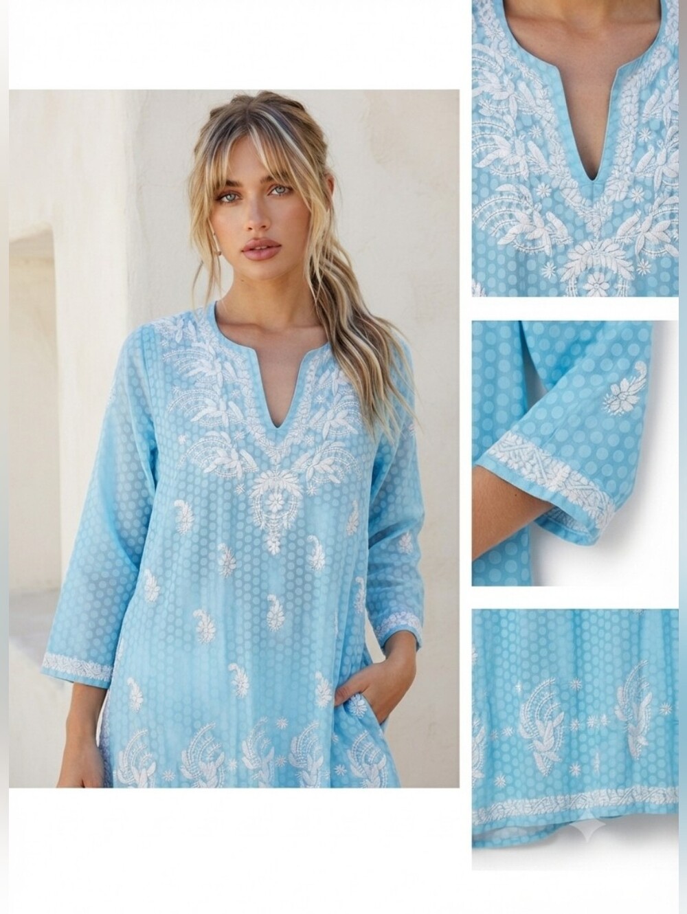 NEW Amaya Textiles Sky Blue Embroidered Tunic Kurta Dress Small Cotton Cover Up
